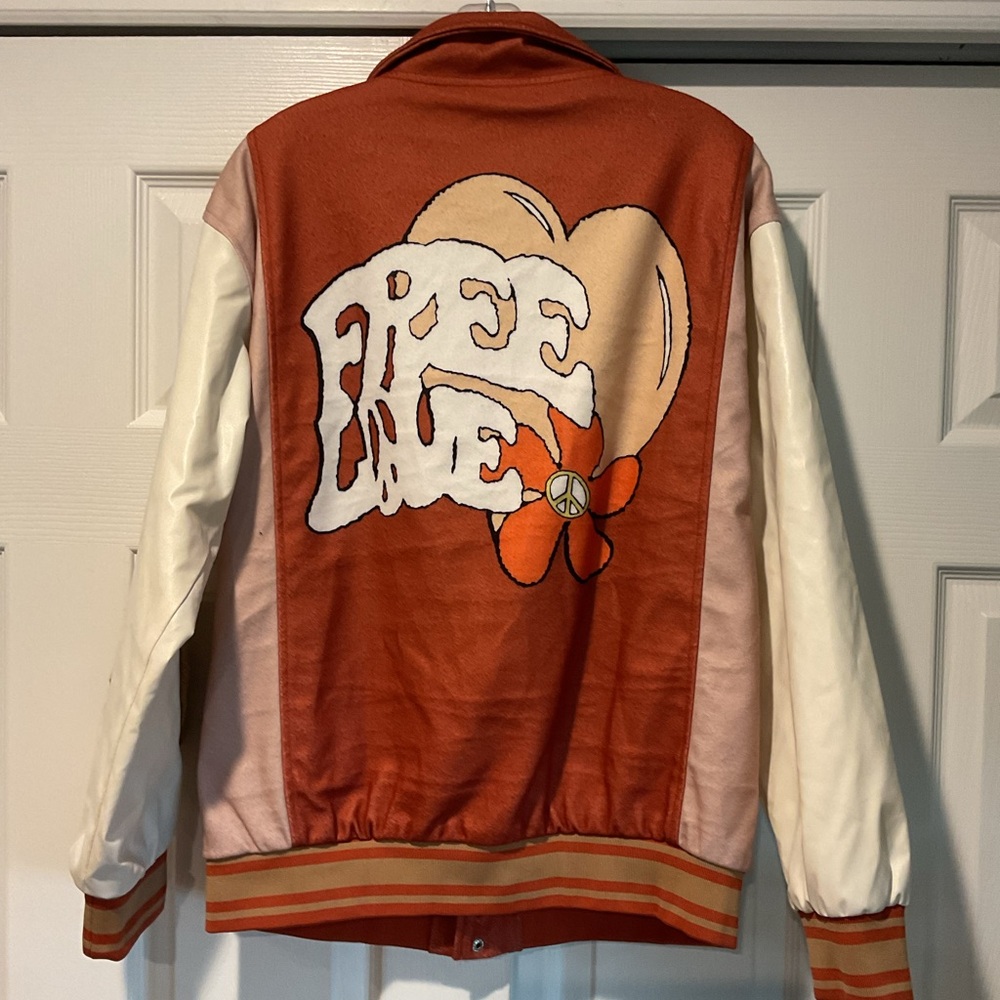 Vintage Free Love Women’s Orange White Graphic Varsity Jacket Hippie sz XL